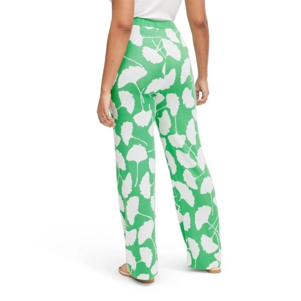 Diane Von Furstenberg Ginkgo Green Leaf Print Wide Leg Pants Med NWT